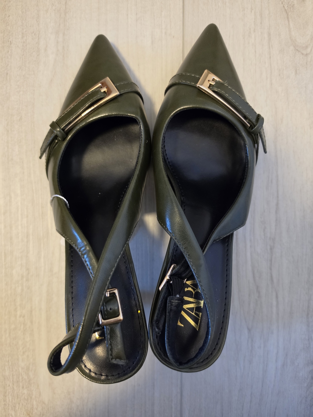 Zara Olive Green Pointed Slingback Flats with Gold Buckle